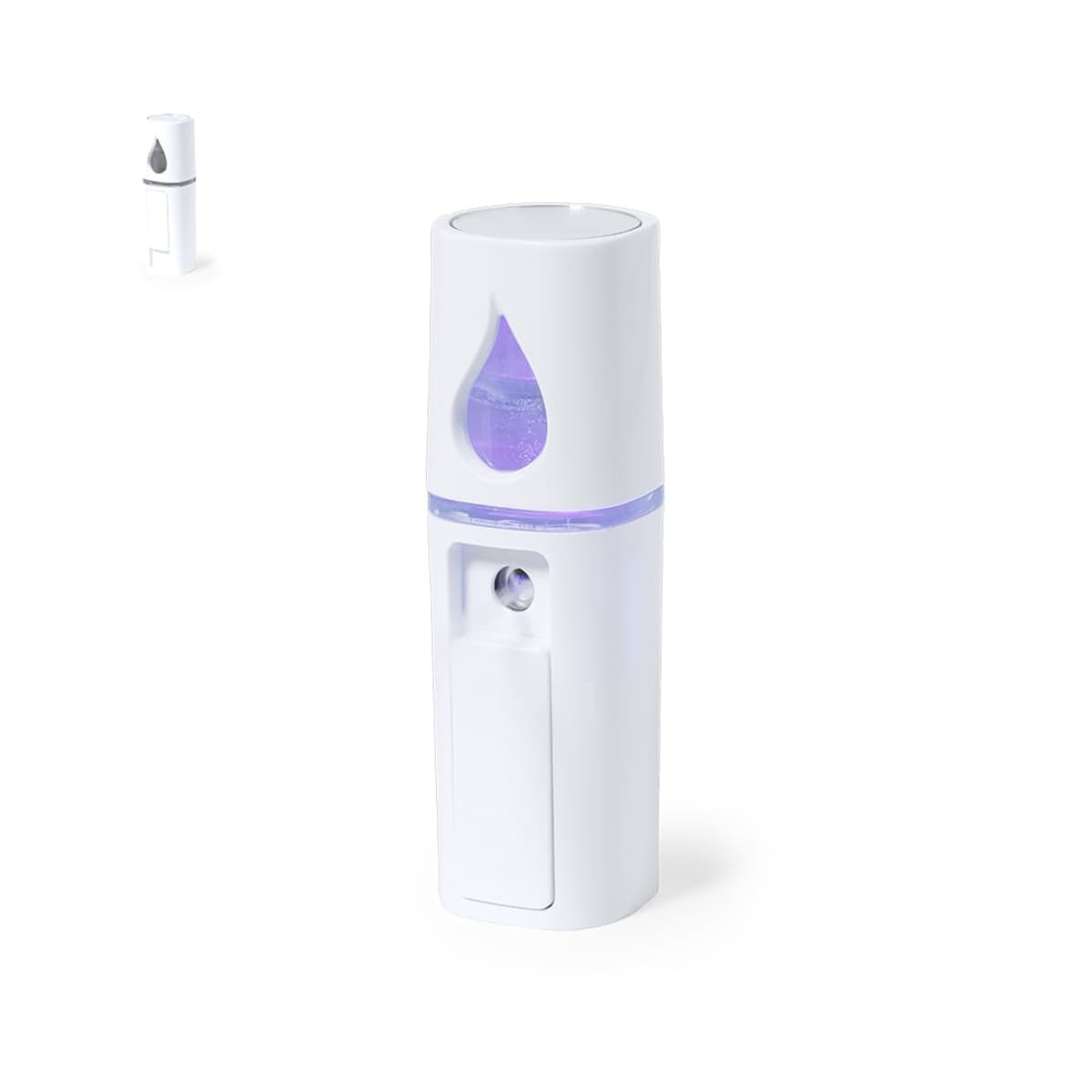 White spray bottle with a purple droplet design, standing upright.