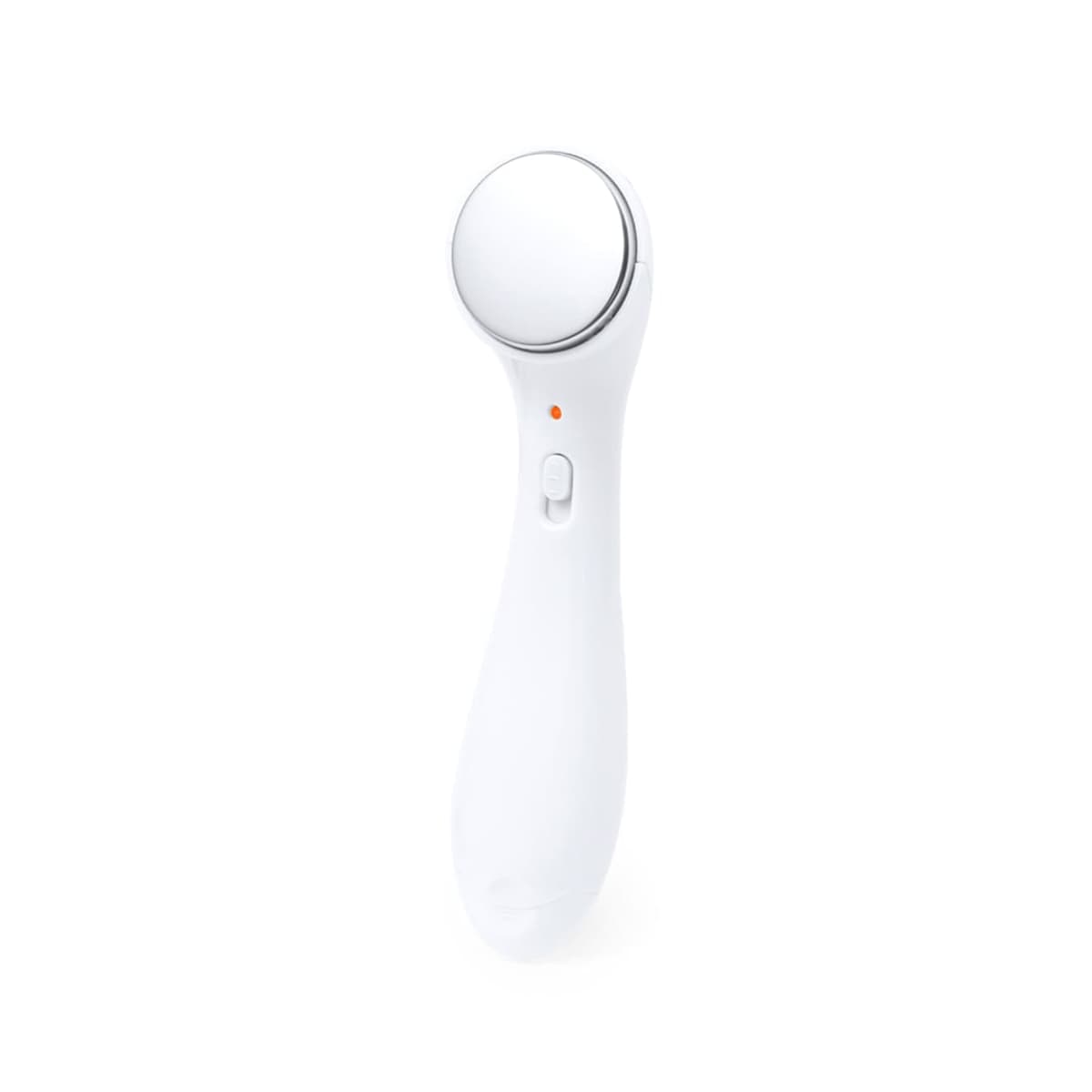 White handheld skincare device with a circular metal head and buttons on the handle.