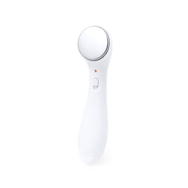 White handheld facial massager with a round metal head and an on/off switch.
