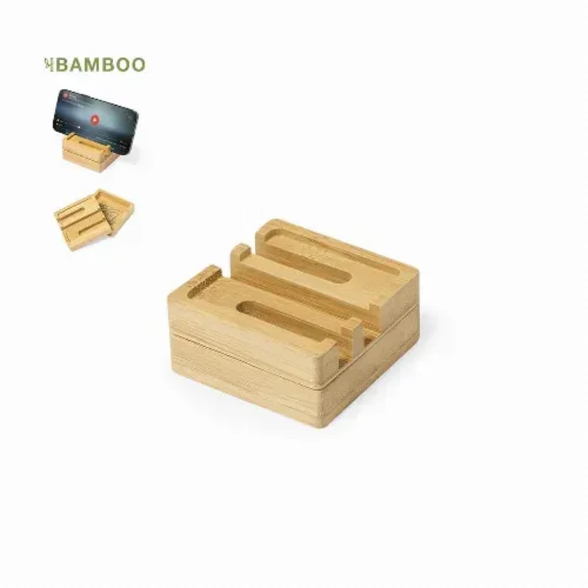 Bamboo phone stand with a slot, two-section display, and minimalistic design.