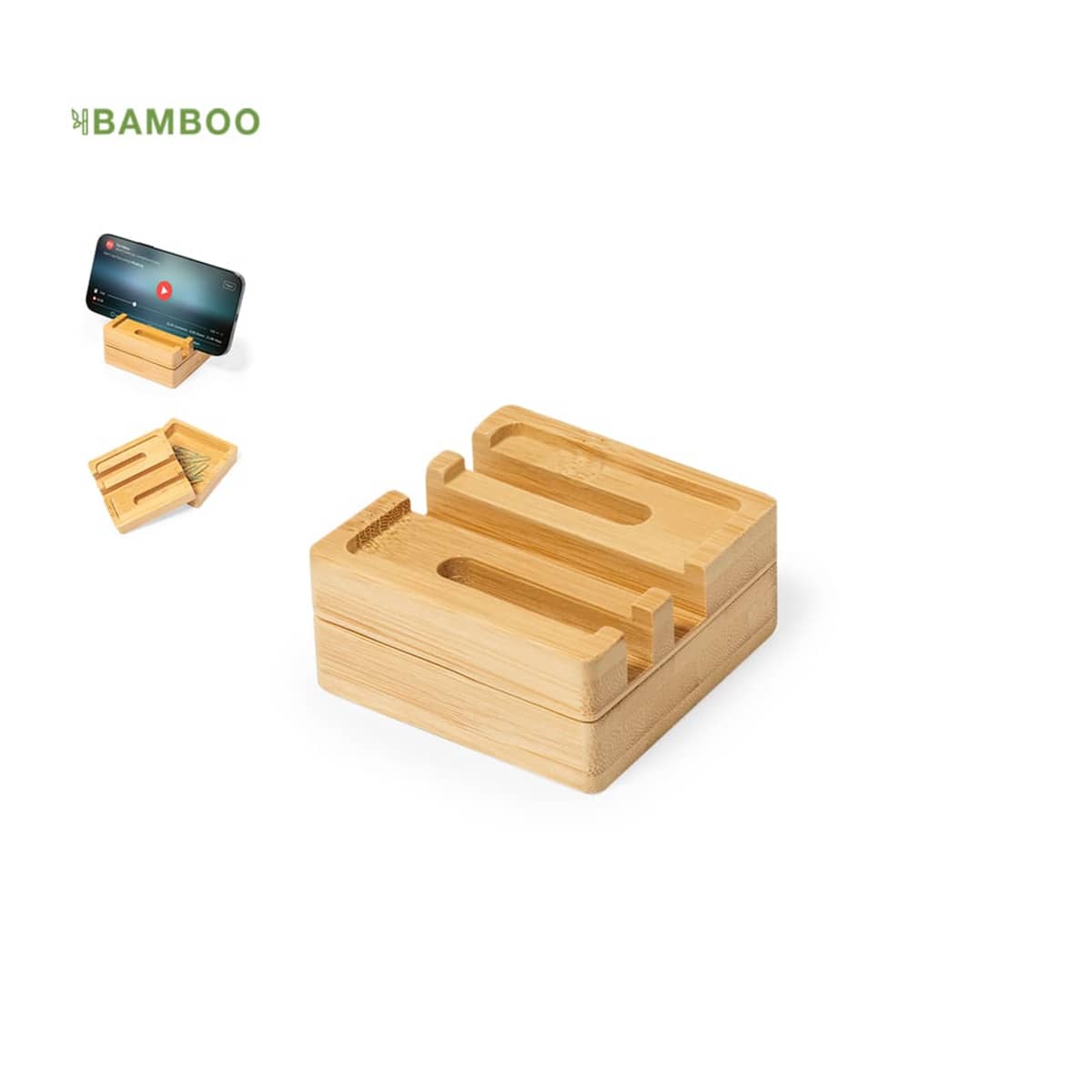 20914-000-11 Bamboo phone stand with a foldable design, shown in use and folded.