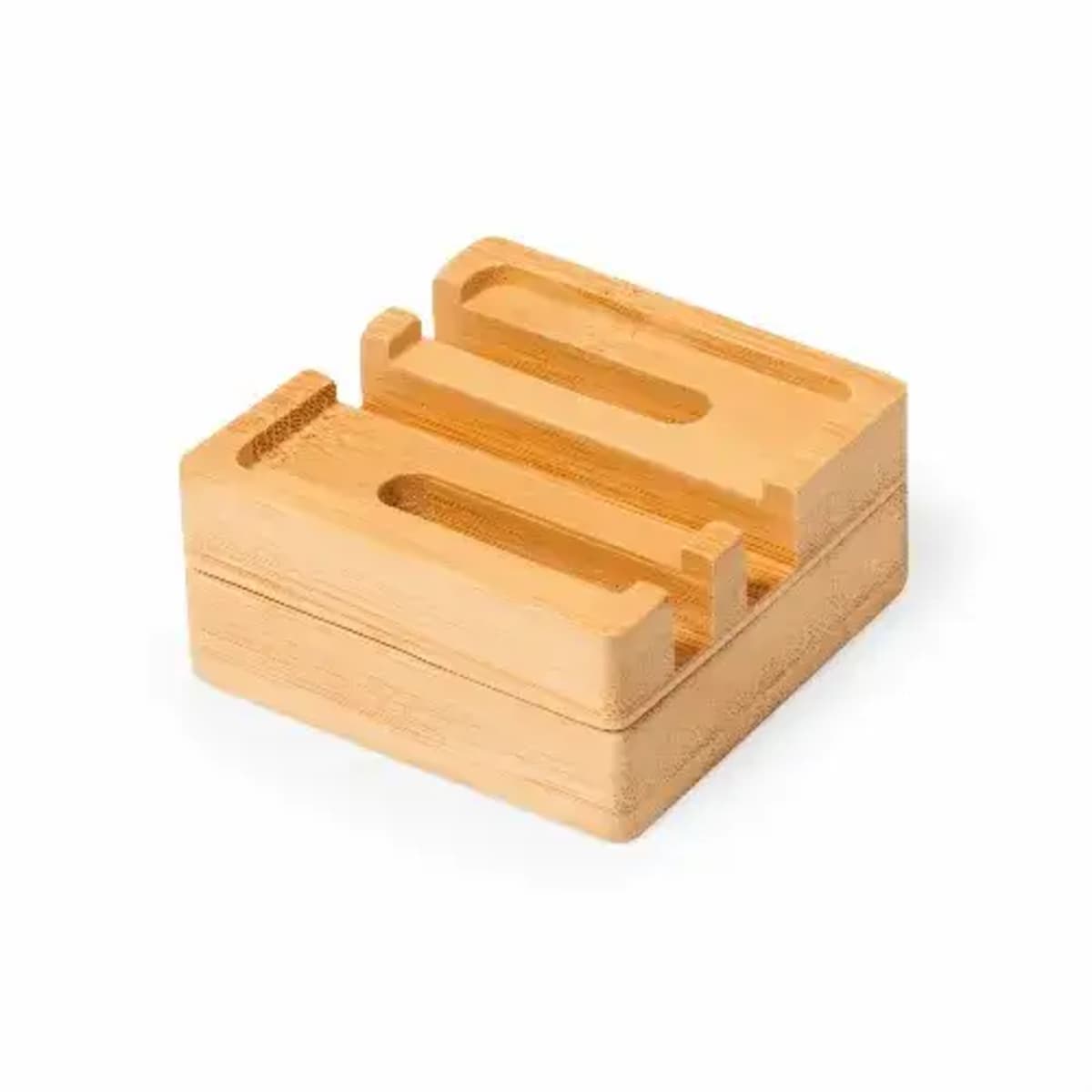 Bamboo wooden phone stand with multiple slots on a white background.