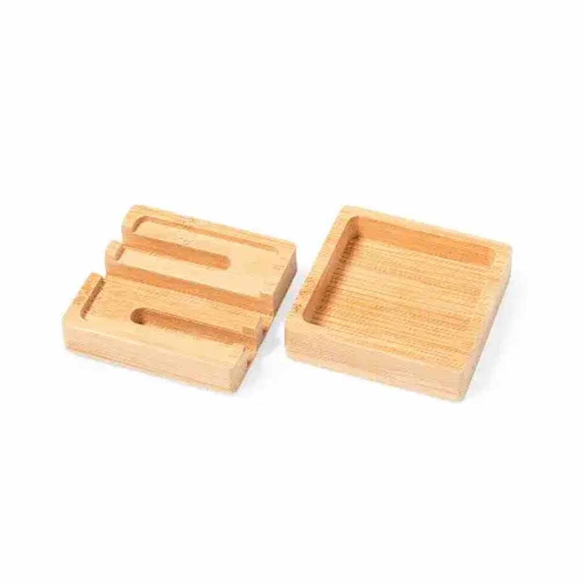 Two wooden pieces; one with vertical slots, the other a square tray.