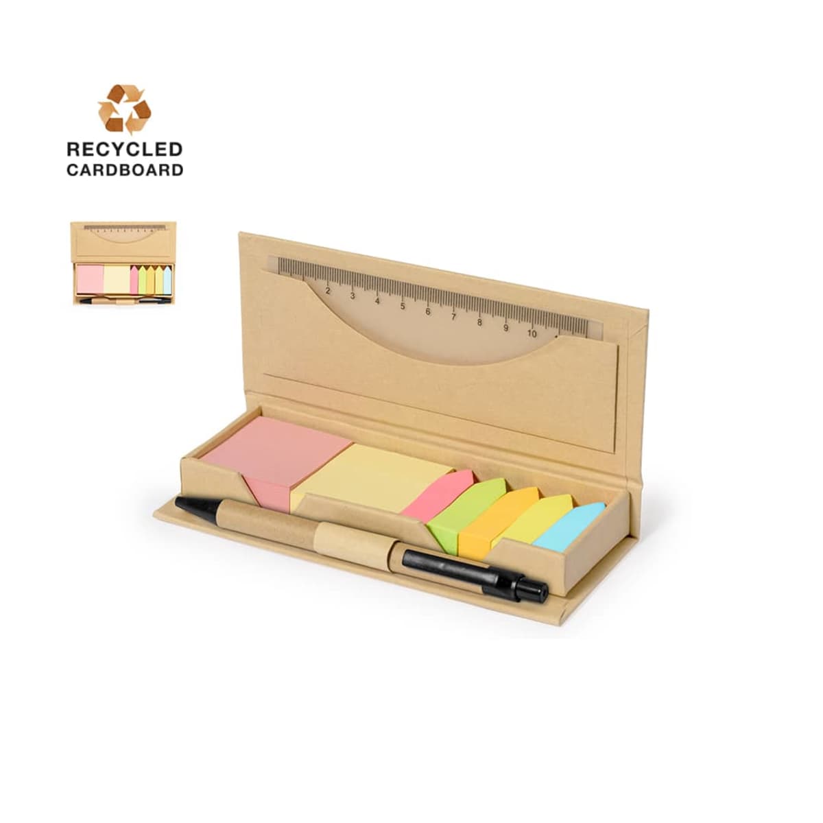 Stationery set with sticky notes, pen, and ruler in recycled cardboard packaging.