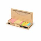 Stationery set with sticky notes, ruler, and pen in a cardboard case.