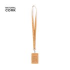 A natural cork lanyard with an ID card holder against a white background.