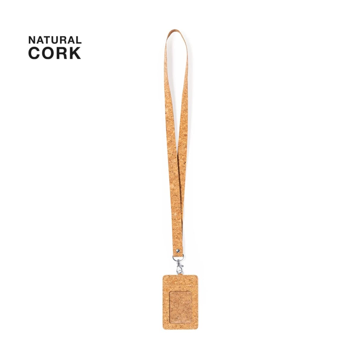 A natural cork lanyard with an ID card holder against a white background.
