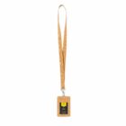 Cork lanyard with a badge holder and a black card inside.