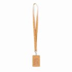 Cork lanyard with a rectangular badge holder against a white background.
