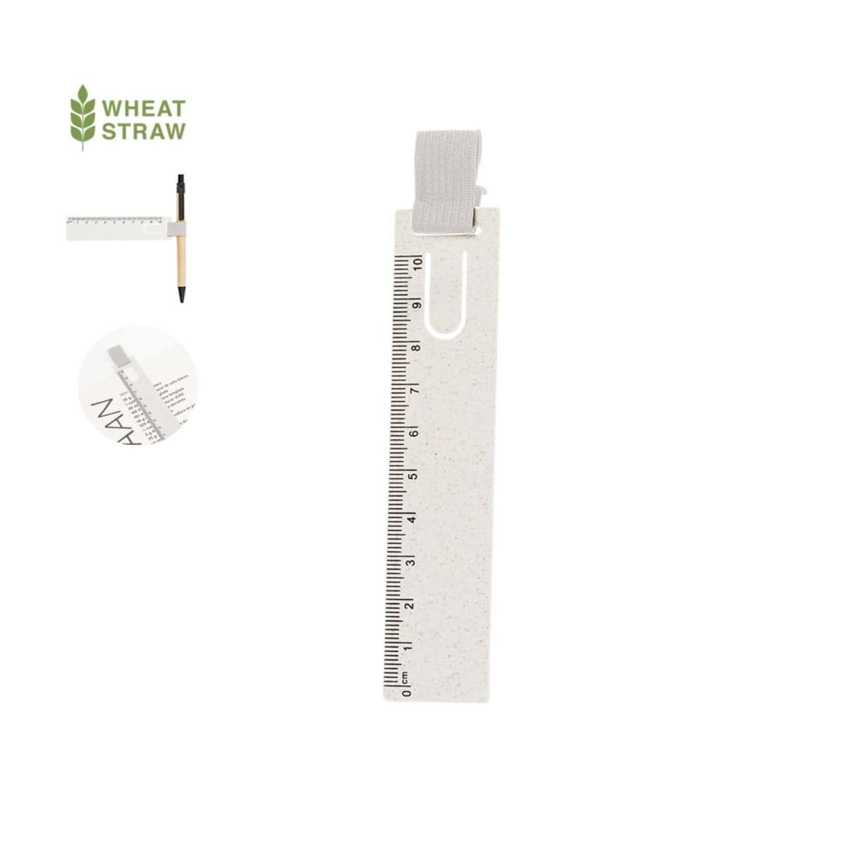 Eco-friendly wheat straw bookmark with ruler, pen loop, and logo.