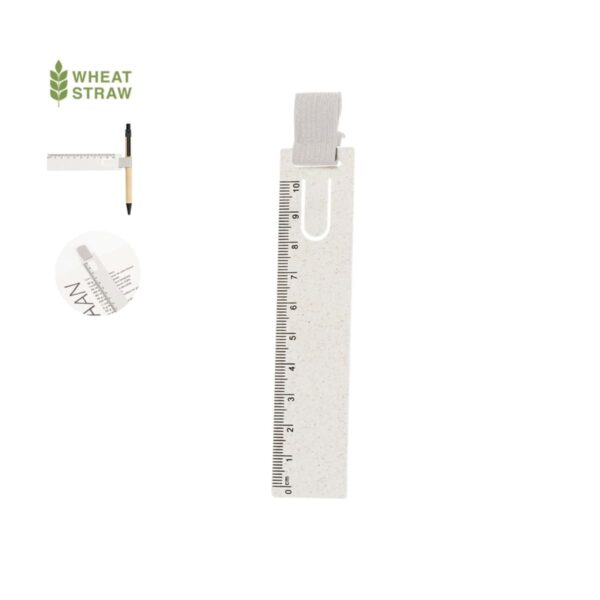 Bookmark ruler made of wheat straw with a pen holder attachment on top.