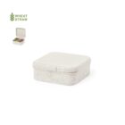 Square, beige wheat straw lunchbox with a lid, shown closed.