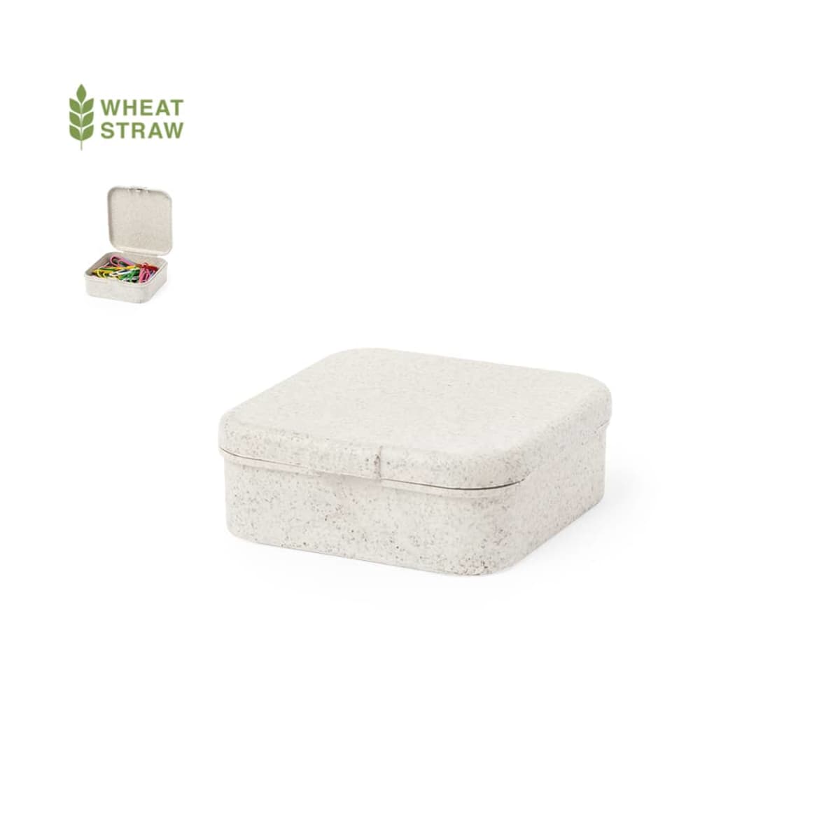 Square, beige wheat straw lunchbox with a lid, shown closed.