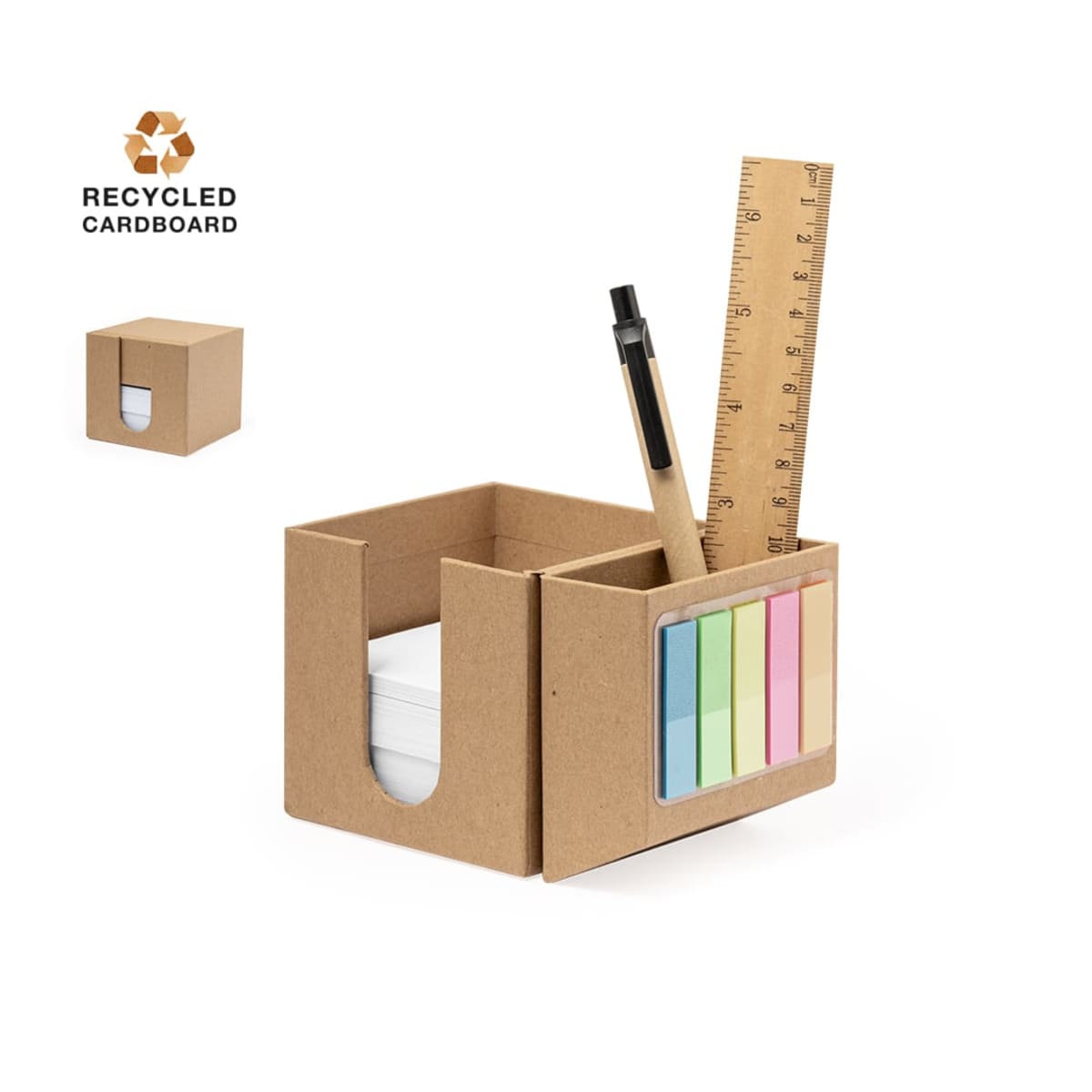 Recycled cardboard stationery set with paper, ruler, pen, and colorful sticky notes.
