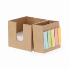 Cardboard holder with sticky notes in various colors and white paper inside.