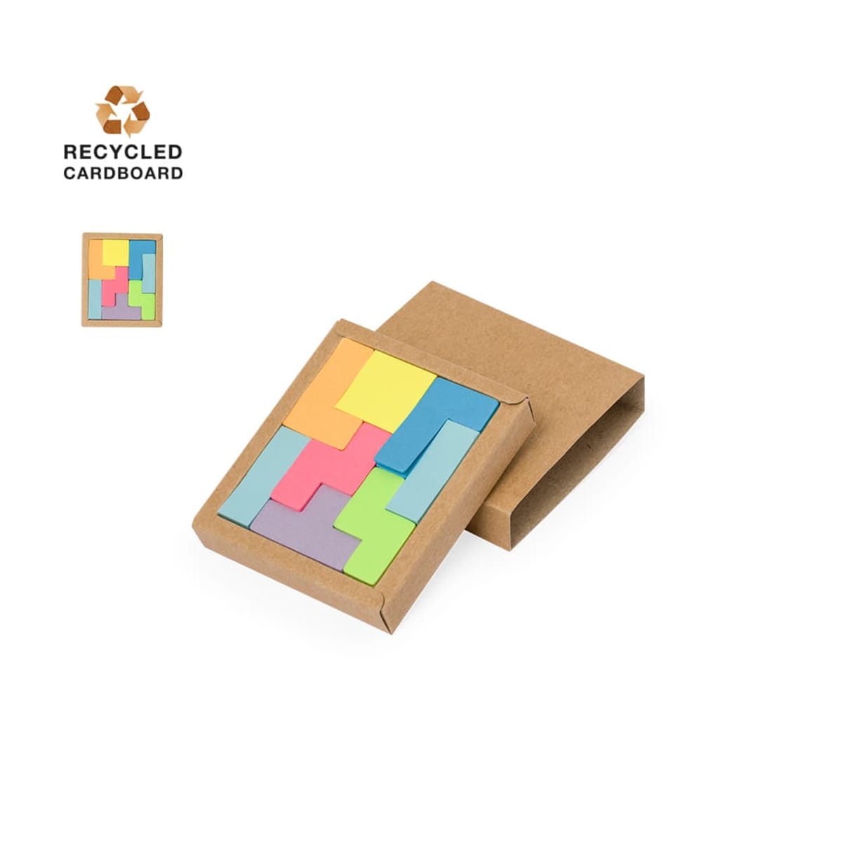 Colorful sticky notes in a recycled cardboard box, partly open.