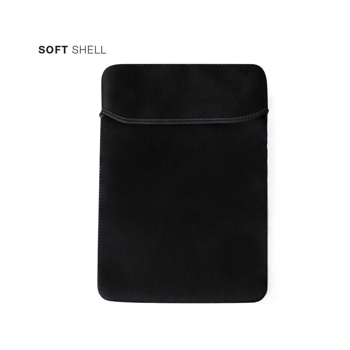 Black soft shell laptop sleeve on white background.