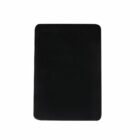 A rectangular black cutting board on a white background.