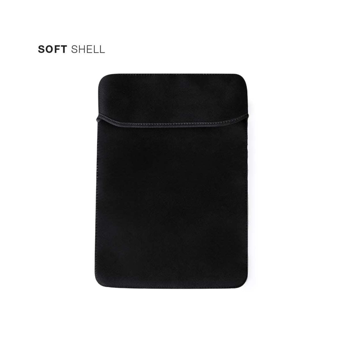 Black soft shell laptop sleeve against a white background.