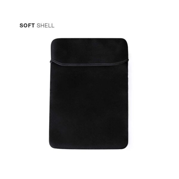 Black soft shell laptop sleeve on a white background, labeled SOFT SHELL.