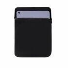 A tablet partially inside a black sleeve on a white background.