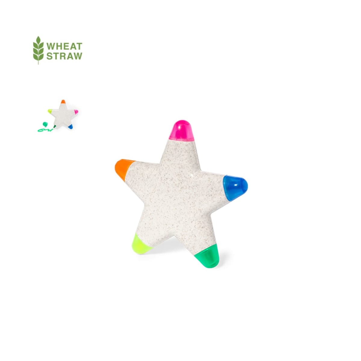 Star-shaped pen holder with colorful highlighter tips on a white background.