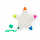 Star-shaped highlighter with four colors, green cap off, green ink marking.