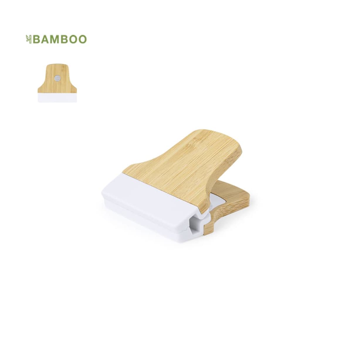 Bamboo and white plastic clip on a white background.