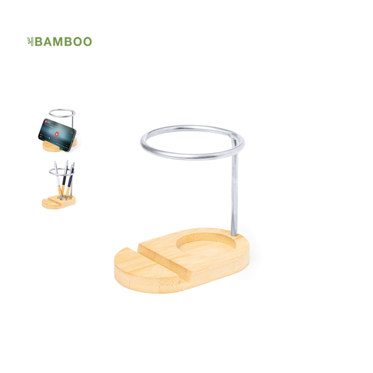 Bamboo phone and pen holder with a circular metal stand.