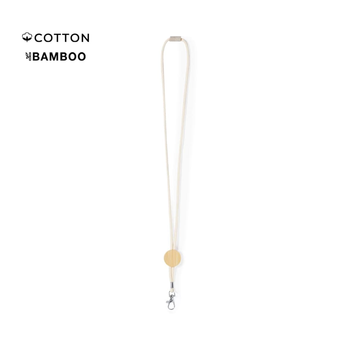 Lanyard made of cotton and bamboo with a metal clip.
