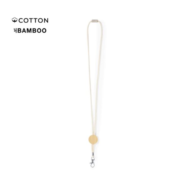 Beige lanyard with a bamboo badge holder and metal clasp.