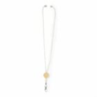 A white lanyard with a wooden disc and metal clasp.