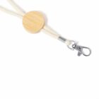 Eco-friendly lanyard with a wooden clasp and metal hook.