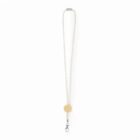 White lanyard with a circular badge holder and metal clasp on a white background.
