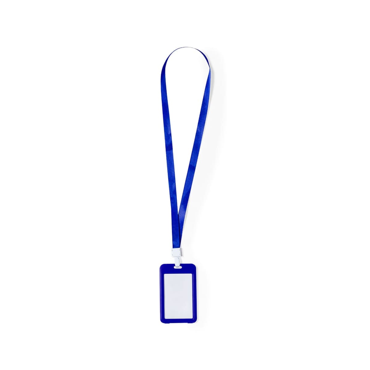 Blue lanyard with blank ID holder on a white background.
