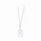 White lanyard with a blank ID badge on a light background.