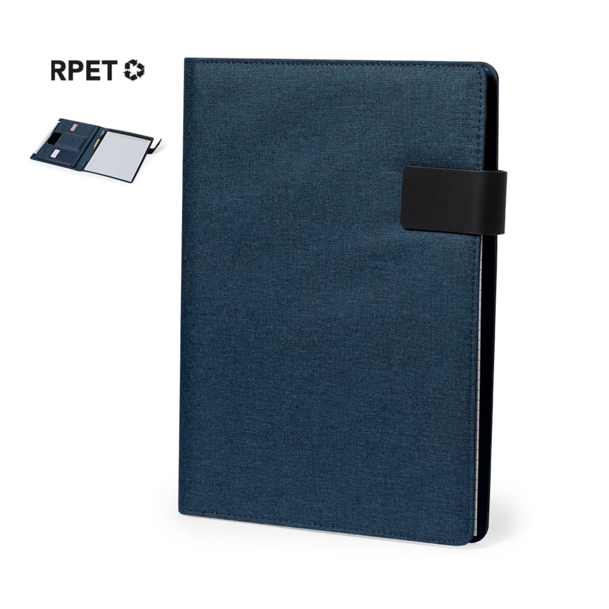 Blue notebook with black strap, partially open to show a pocket. RPET logo in the corner.