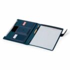 Open blue folder with lined paper, pen, pockets, and a black clasp on a white background.