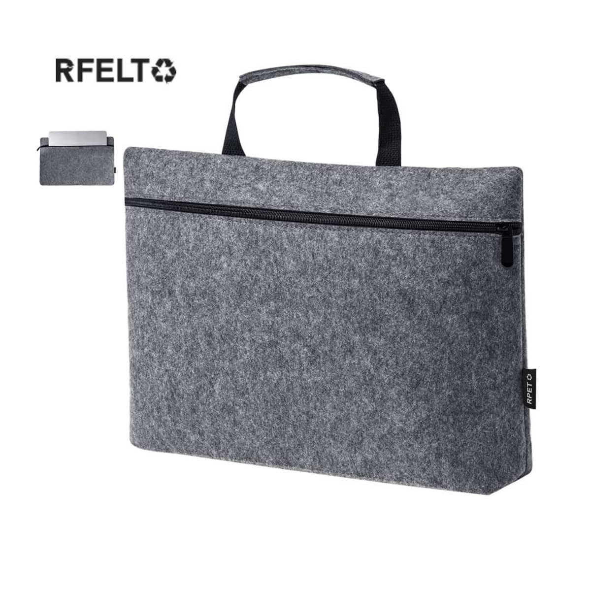 Gray felt laptop sleeve with black zipper and handle, branded RFELTO.