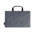 Gray felt laptop sleeve with black handles and a small label on the side.