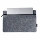 Gray felt laptop sleeve with a zipper, partially open to reveal a silver laptop.