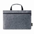 Gray felt laptop sleeve with a zipper and a black handle.