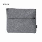 Gray felt laptop sleeve with a front pocket and a zipper closure on white background.