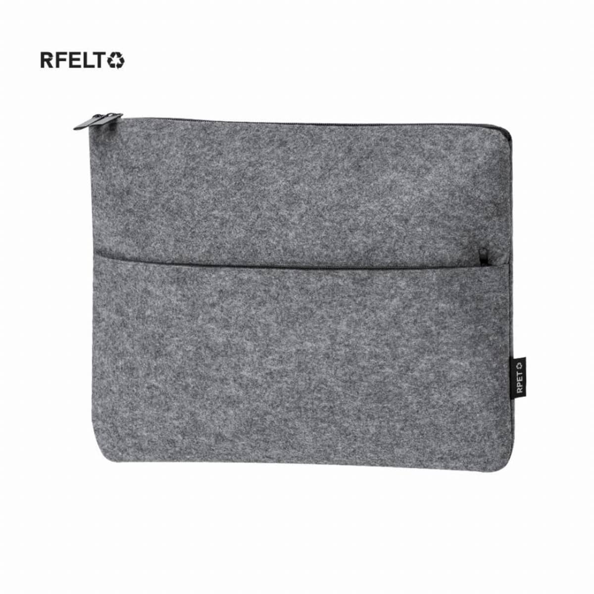 Gray felt laptop sleeve with a front pocket and a zipper closure on white background.