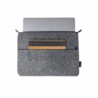 Grey laptop sleeve with a spiral notebook in the front pocket, against a white background.