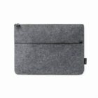 Gray felt laptop sleeve with a zipper closure and pocket.