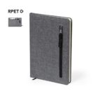 Gray fabric hardcover notebook with a zipper pocket and pen holder, labeled with RPET recycling icon.