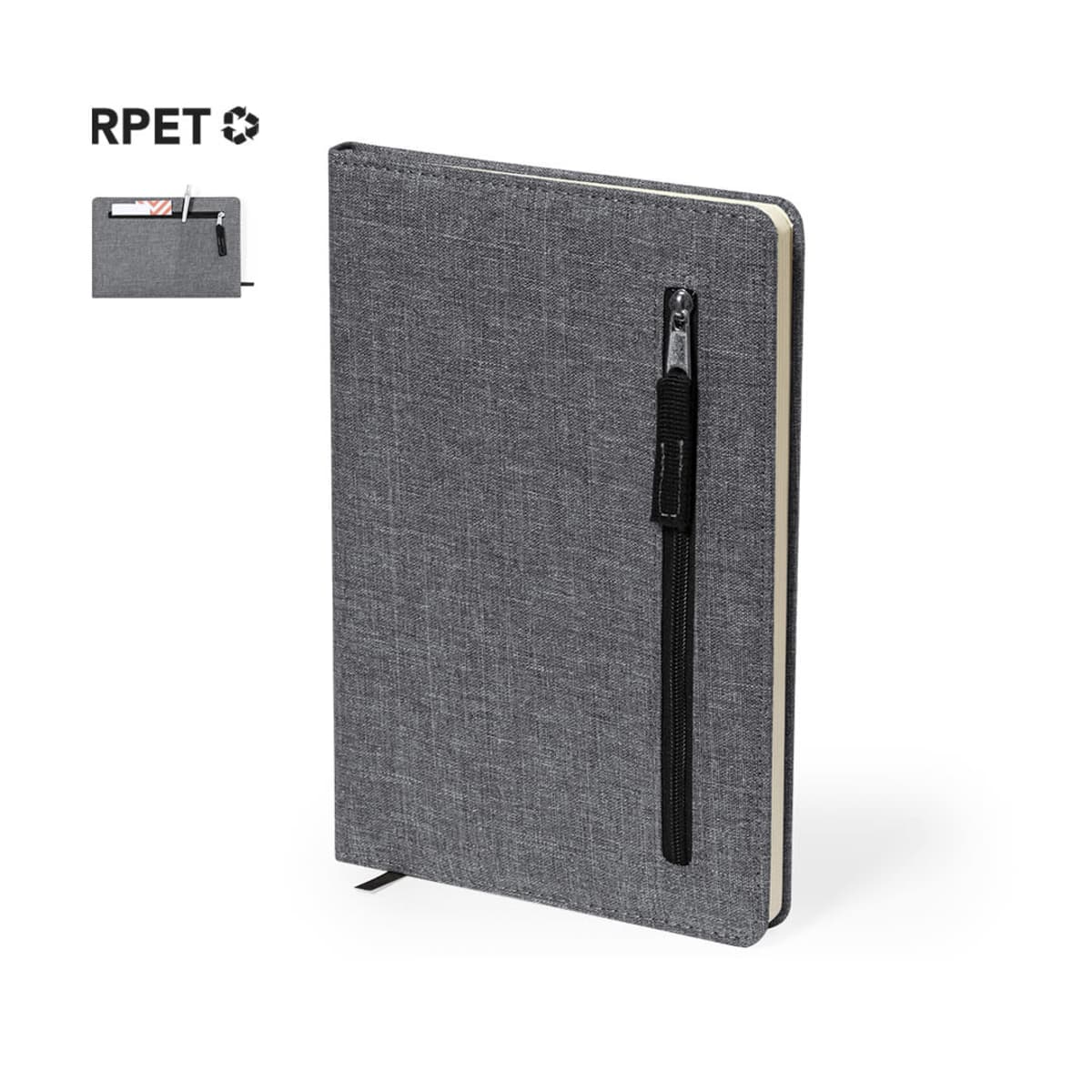 Gray fabric hardcover notebook with a zipper pocket and pen holder, labeled with RPET recycling icon.