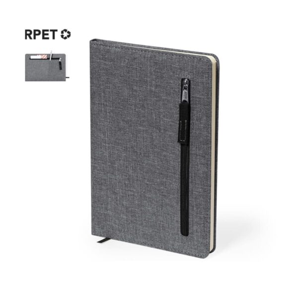 Gray fabric-covered notebook with zipper pen holder and bookmark ribbon.