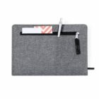 Gray zippered pouch with pen and card partially inserted in the outer pocket.